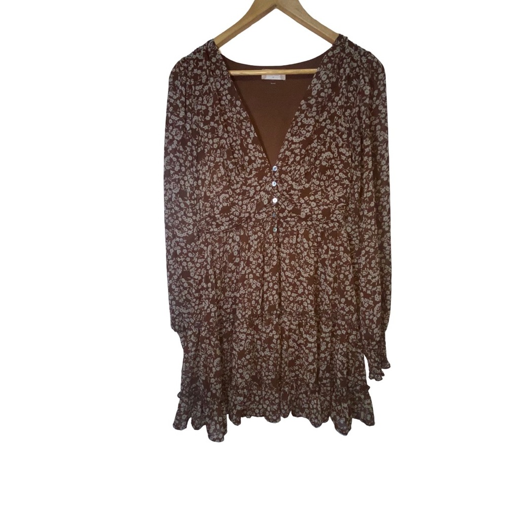 Altar’d state feminine Brown Floral Dress size M ruffled hem and balloon sleeves